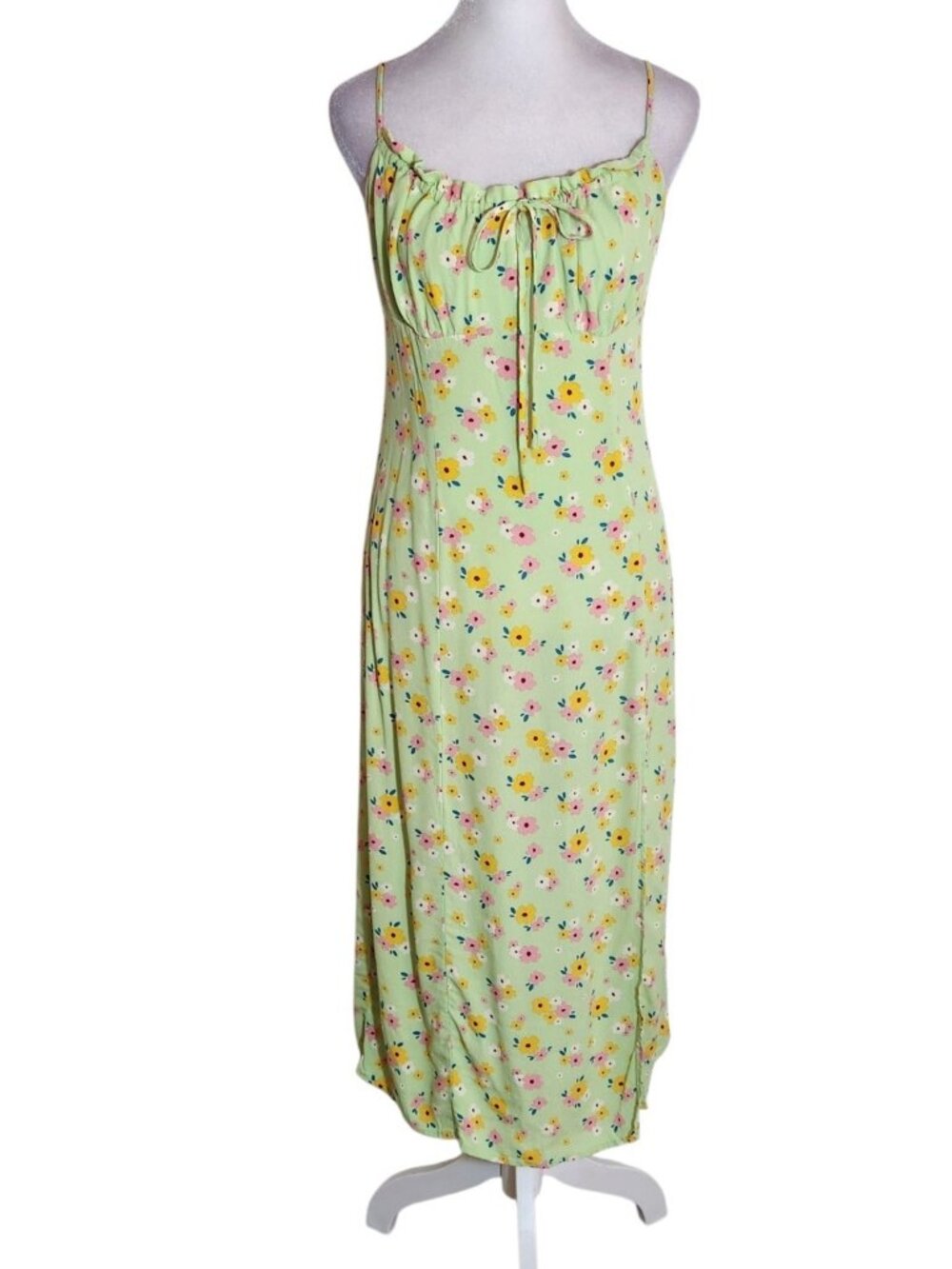 Forever 21 Green Floral Print Midi Summer Dress Front Slit Size Medium